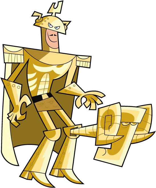 A character named the Bronze Kneecap from some cartoon, who wears gold armour, a silly helmit, and a cape, has a pencil moustache, and has a gold ram skull protruding from a telescopic tube from their knee.